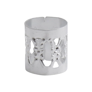 Close-up of silver hollow dreadlock bead with geometric patterns for DIY hair styling