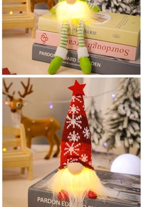 Detail of festive Christmas gnomes with glowing beards on knitted hats and long legs
