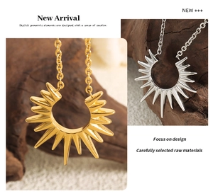 Detail of geometric sunburst pendants in gold and silver finish with polished metal texture