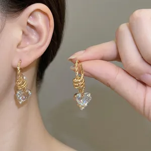 Heart Drop Earrings Gold Twisted Alloy Rhinestone Artificial Pearl With 925 Sterling Silver Earring Post French Vintage For Women