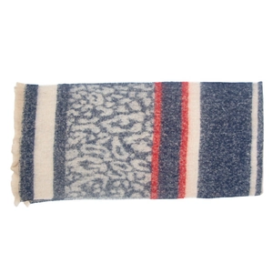 Close-up of navy leopard print scarf with red and beige stripes and fringed edges