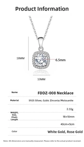 Detailed size specifications for S925 sterling silver square halo pendant necklace