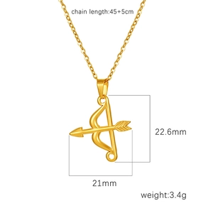 Golden cupid bow and arrow pendant necklace in 18K plated stainless steel with dimensions