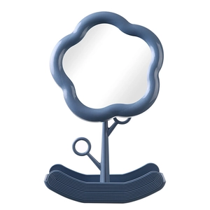 Cloud shaped makeup mirror with blue flower frame and wavy base for vanity desk