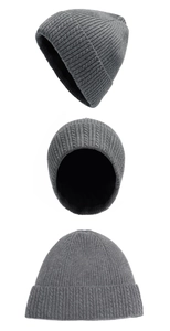 Detailed views of grey knitted beanie showing thick cable knit texture and warm lining