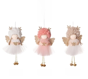 Detailed view of handmade Christmas angel ornaments with sequins, bells, and plush antlers