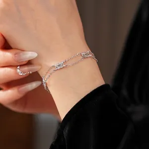 Retro hollow flower double-layer silver bracelet for women with elegant floral charms