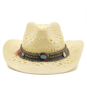Handgefertigter Stroh-Cowboyhut mit bunten Perlen und Türkisquasten für Damen