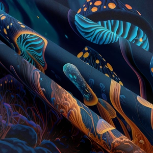 Detail showing the fine fiber texture and digital print of the mushroom tapestry