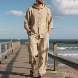 Men's loose linen set featuring a hooded long-sleeve shirt and matching trousers on beach