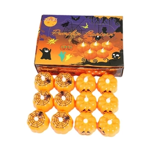 Set di 12 candele LED a zucca arancione per Halloween con motivi di ragno e fantasma