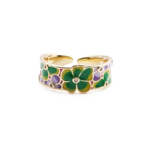 Detail bunter Emaille-Blüten mit Kristallen auf vergoldetem verstellbarem Ring
