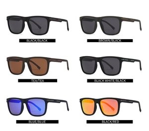 Grid display of square polarized sunglasses in six colors including matte black and blue lenses