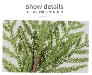 Macro shot of artificial pine branch needle details and realistic brown wooden stem texture