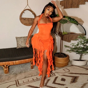 Sexy oranges Neckholder-Kleid ärmellos rückenfrei mit Rüschen und unregelmäßigem Saum