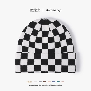 Checkerboard Knitted Beanie Core-Spun Yarn Winter Warm Cuffed Fashion Checker Pattern Cold Weather Hat