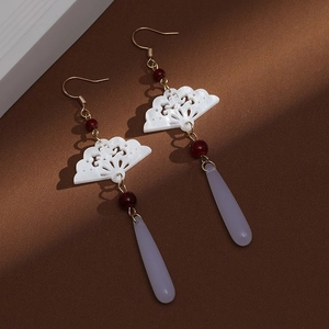 New Chinese style fan-shaped gold earrings with pearls and purple long drop pendants