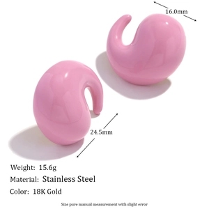 Pink enamel comma earrings in 18K gold plated stainless steel, 24.5mm fashion stud design