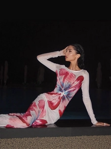 Sexy mesh sheer long sleeve bodycon maxi dress with red and blue floral print for women
