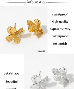 Waterproof stainless steel floral petal stud earrings shown in gold and silver finishes