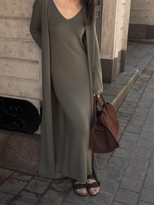 Detailed knit two-piece set featuring an olive green long cardigan and a slim-fit maxi dress
