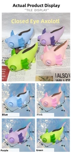 Detail view of colorful pop-eye axolotl stress toys showing dimensions and color set