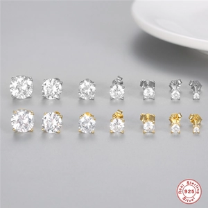 Classic 925 sterling silver stud earrings set with round zircon in silver and gold finishes