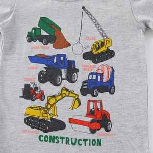 Kids grey long-sleeve T-shirt featuring colorful construction vehicle print and labels