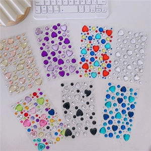 Set of 3D crystal heart and round diamond stickers in various vibrant colors for decoration