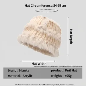 Cream knit rabbit fur beanie for women with size measurements and soft fluffy texture