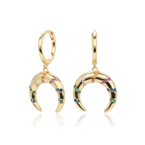 Close-up of S925 silver hoop earrings with rainbow zircon moon pendants in gold finish