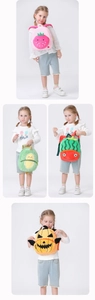 Collage of toddler plush backpacks featuring cute strawberry, avocado, watermelon and pumpkin
