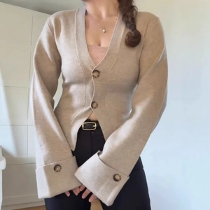 Cardigan In Maglia Da Donna Maglione Poliestere Spandex Scollo A V Con Bottoni Manica Lunga Vestibilità Aderente Casual Chic