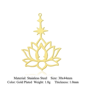 Gold plated stainless steel lotus pendant showing 30x44mm size and weight details