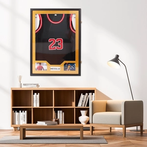 Detailed shadow box display case for jersey with black frame and golden matting