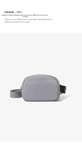 Detail of grey waterproof nylon mini waist bag featuring adjustable strap and plastic buckle