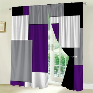 Detail of geometric polyester curtain featuring bold purple, grey, and black color blocks