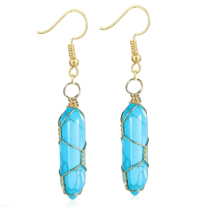 Bohemian earrings with turquoise hexagonal crystal drops and gold wire wrapping