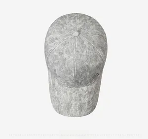 Top view of a grey baseball cap with marble texture and silver metal side detail