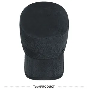 Top view of flat top military cap showing textured black fabric and metal buckle detail