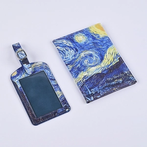 PU leather passport holder and luggage tag set featuring Van Gogh Starry Night print