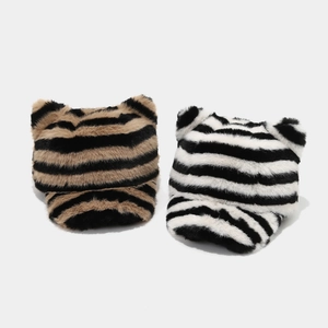 Faux Fur Baseball Cap With Cute Cat Ears Animal Stripe Pattern Winter Warm Thickened Plush Peak Hat For Women