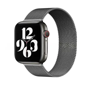 Detail view of the Milanese loop band and digital crown on a charcoal smart watch