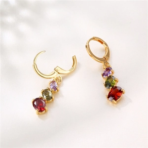 Golden drop earrings with colorful oval-shaped zircon stones and crystal pendants