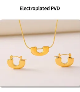 Macro detail of U-shaped necklace and earrings set in PVD plated 18k gold finish