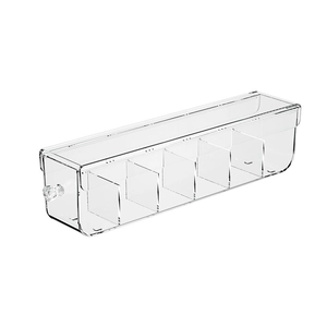 Clear acrylic wall-mounted 6-compartment storage box with diamond handle on white background