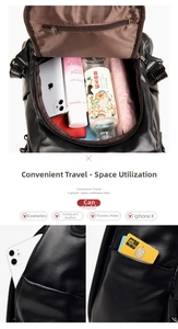 Vista interna che mostra la grande capacità e le tasche dello zaino in pelle nera