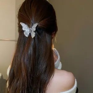 Butterfly Hair Claw Silver Alloy Copper With Zircon Rhinestone Elegant Head Back Shark Clip For Women Fashion