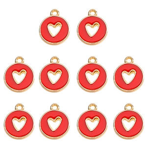Set of 10 red enamel hollow heart pendants with gold alloy edges for DIY jewelry making