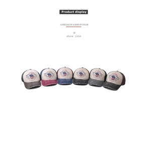 Detailed row of six distressed mesh trucker hats with vintage Speed Riders prints